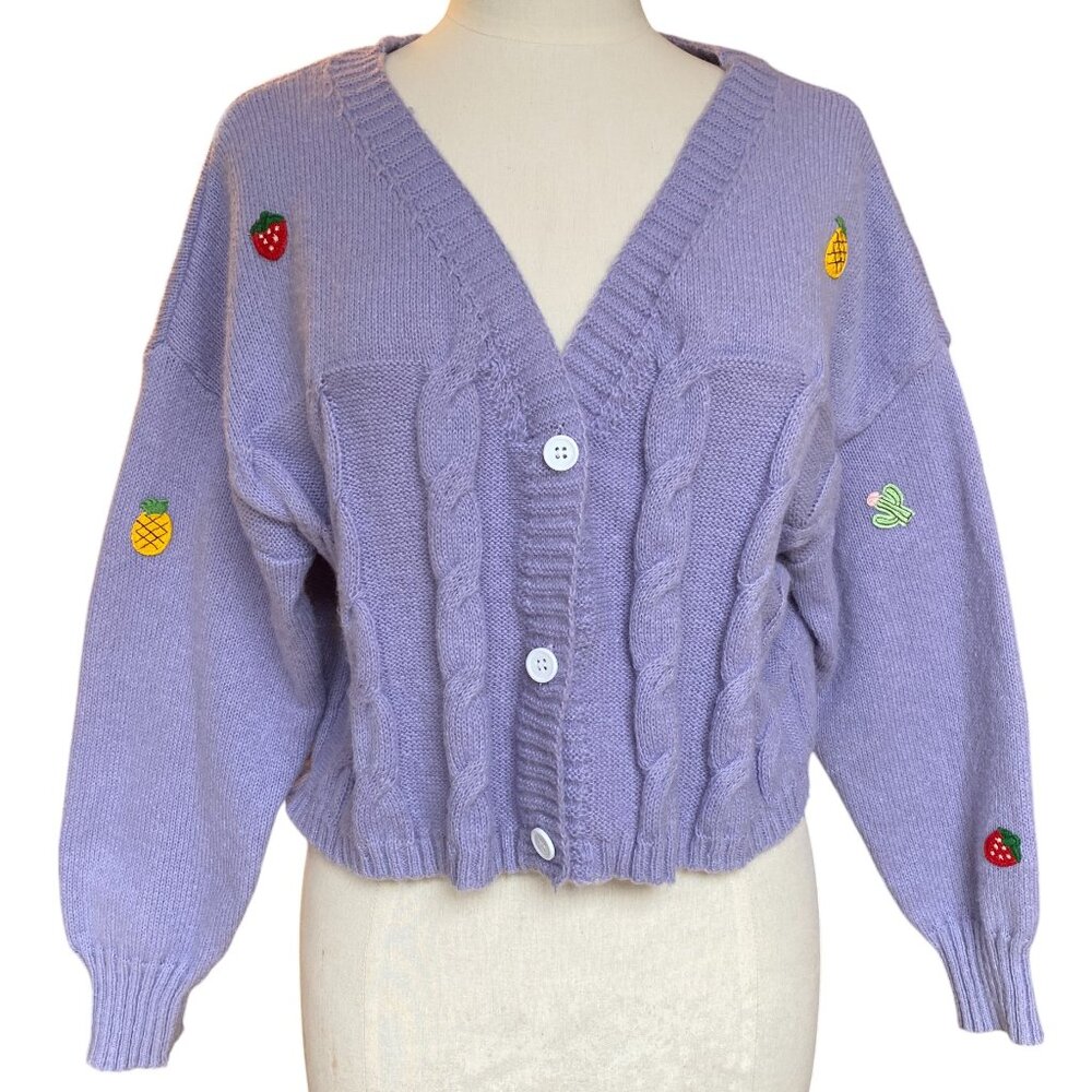 Cable Knit Cropped Embroidered Patches Cardigan Purple Kawaii Kidcore Y2K-S/M